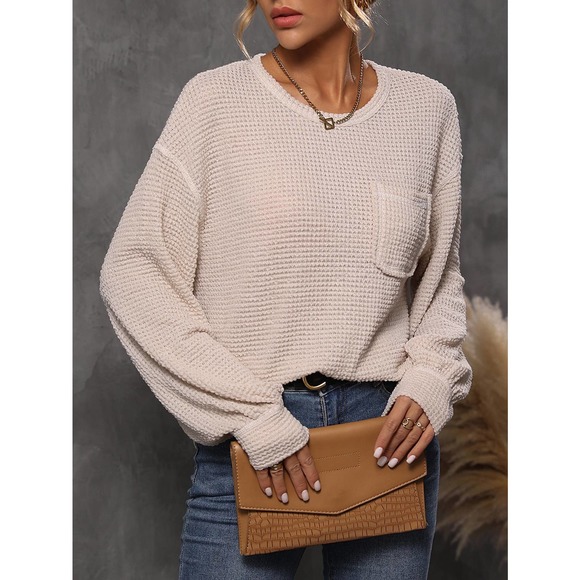 Minimalist Bishop Sleeve Pocket Patched Topstitching Tee waffle thermal - Picture 5 of 10